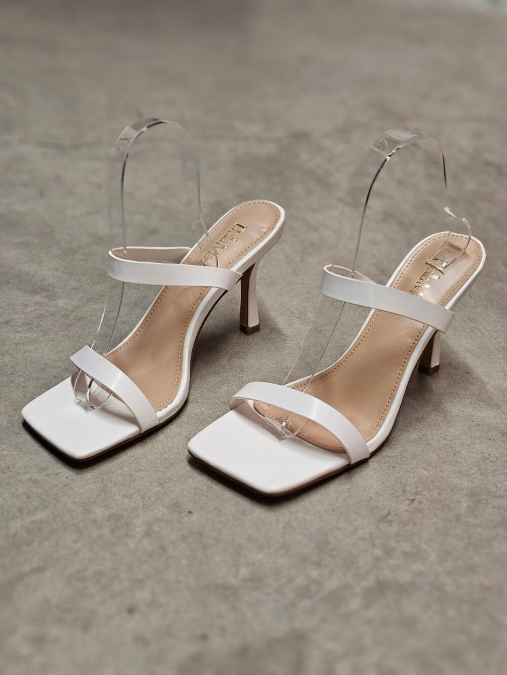 Square Toe White Strappy High Heel Sandals With Double Strap Design For Women